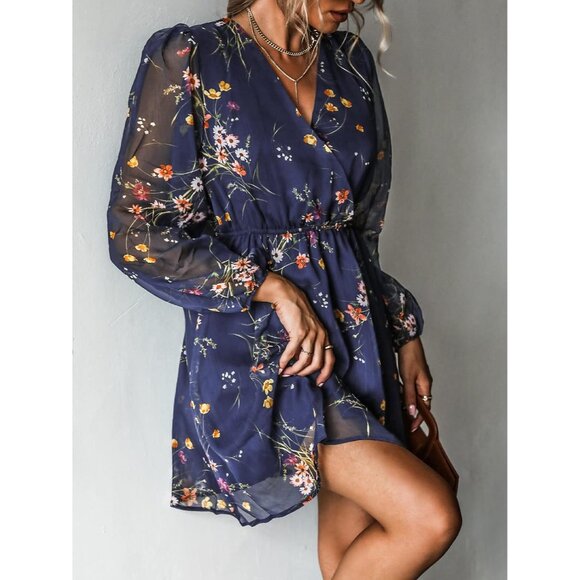 Women's Navy Floral Print Chiffon A-Line Mini Dress Long Peasant - Picture 3 of 5